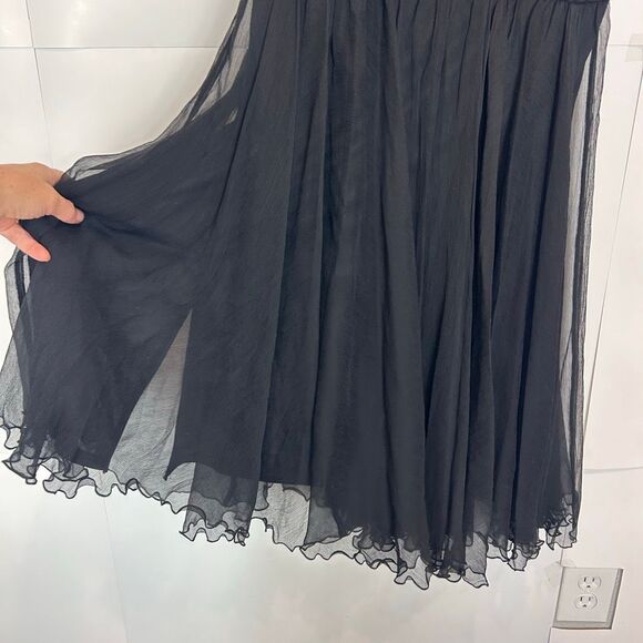 Tadashi Collection midi Dress sz 6 Black Silk Chiffon Pleated Sleeveless v neck - Picture 4 of 15